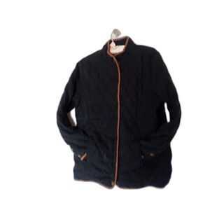 Bit & Bridle Med Equestrian Black Quilted Jacket brown trim full zip Riding Barn